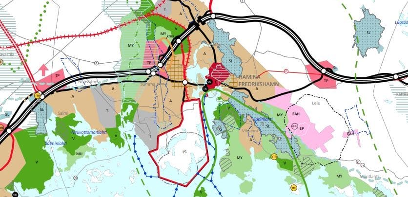 Kymenlaakson maakuntakaavakartta Haminan taajama-alueen kohdalta