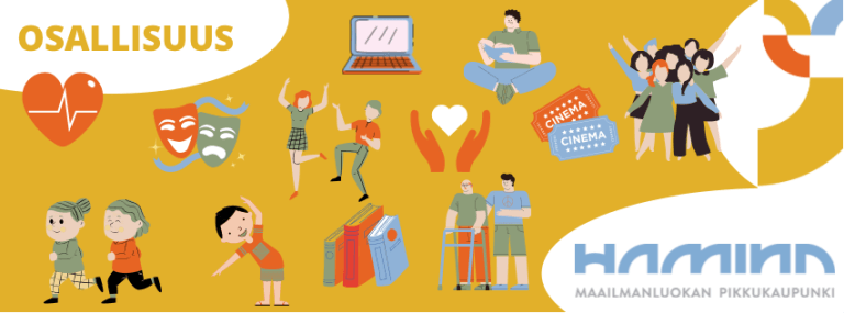 Osallisuus, kapeassa vaakakuvassa piirretyt hahmot tanssivat, istuvat, kävelevät. Kuvassa myös piirrettyjä kirjoja ja tietokone.