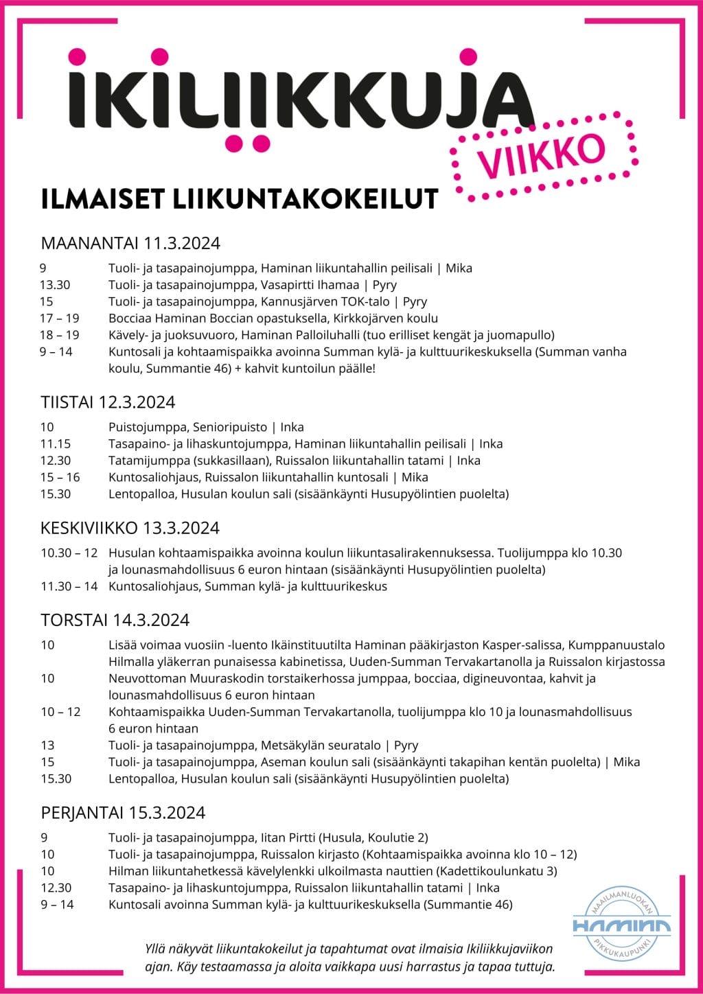 Ikiliikkujaviikko 2024 aikataulut. Ilmaiset liikuntakokeilut