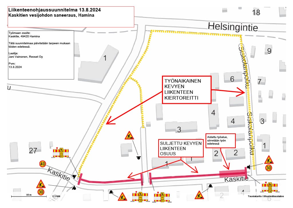 Työmaan ajan Kaskitien kevyen liikenteen väylä on suljettu läpikululta ja kiertoreitti toteutetaan oheisen kartan mukaisesti eli Siskolanpolku-Helsingintie-Summanlahdentie.