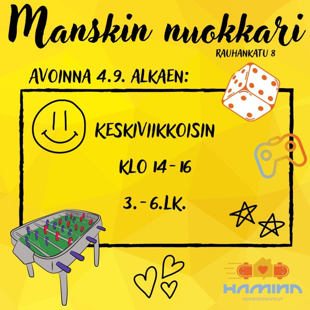 Manskin nuorisotila, Rauhankatu 8
Avoinna 4.9.2024 alkaen keskiviikkoisin klo 14-16 3.-6.lk