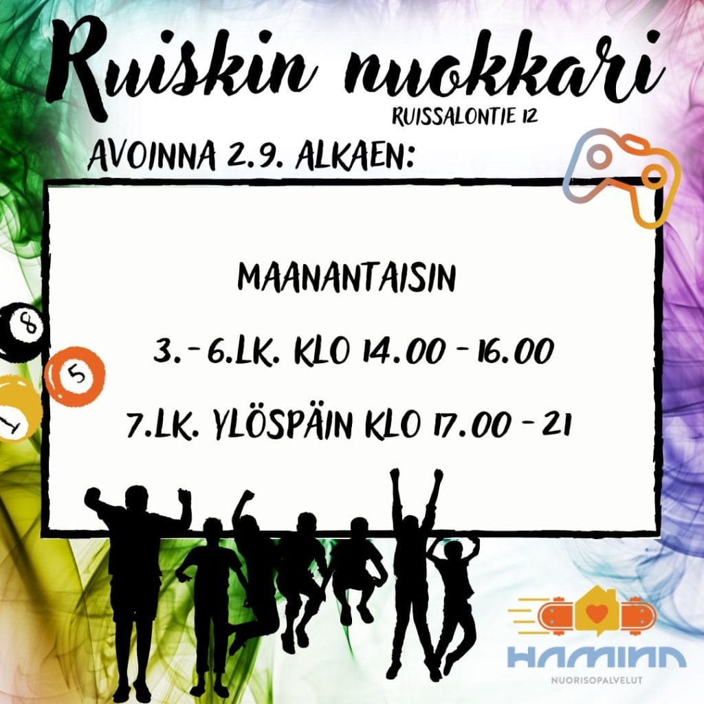 Ruissalon nuorisotila, Ruissalontie 12
Avoinna 2.9.2024 alkaen maanantaisin klo 14.00-16.00 3.-6.luokkalaisille ja klo 17.00-21.00 7.luokkalsista ylöspäin