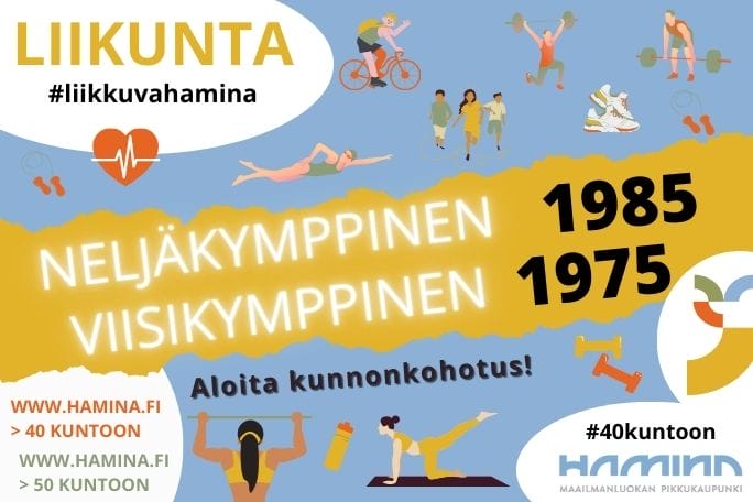 Ilmoituspohja, jossa on uiva, maastavetoa tekeviä, pyöräilijä, jumpaava ihminen tekstillä Liikunta #liikkuvahamina ja sydämen kuva.
