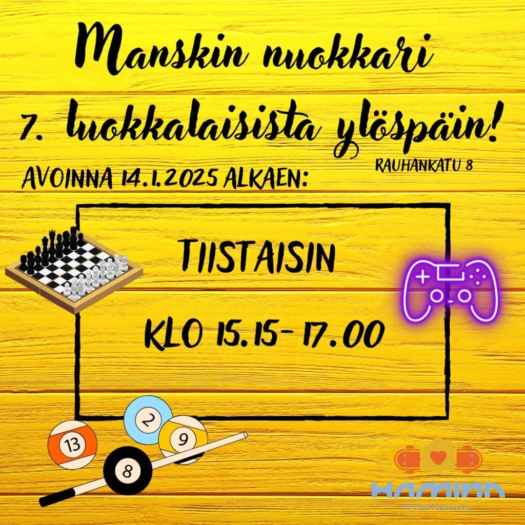 Manskin nuokkari osoitteessa Rauhankatu 8 7.luokkalaisita ylöspäin! Avoinna 14.1.2025 alkaen tiistaisin klo 15.15-17.00