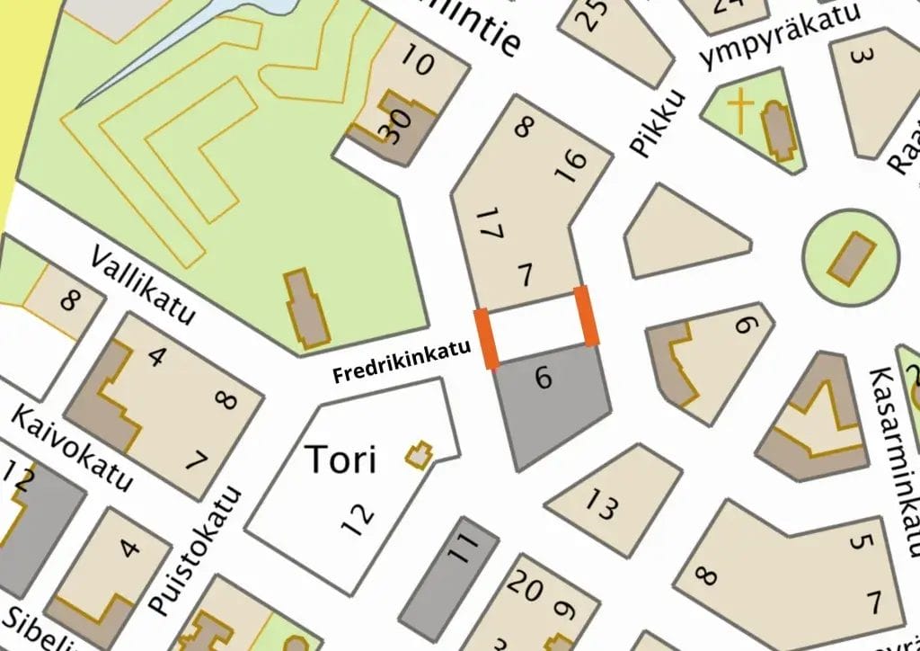 Kartta tiesulusta Fredrikinkadulla.