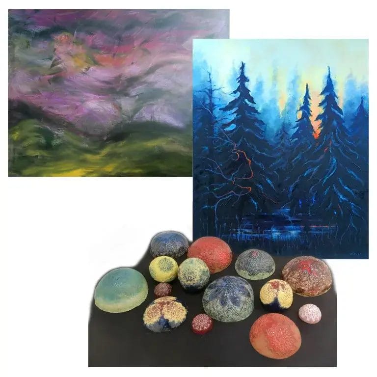 kuvituskuvassa kolmen taiteilijan teoksista tehty kollaasi