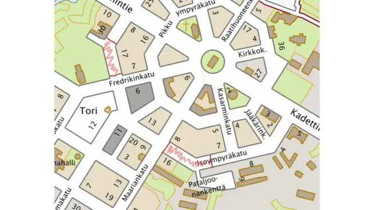 Isoympyräkatu 8-16 ja 15-30 merkittynä karttaan.