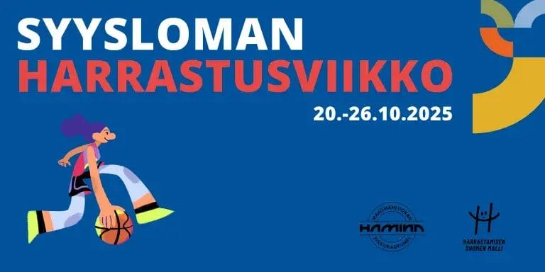 Kuvassa koripalloilija ja teksti "Syysloman harrastusviikko 20.-26.10.2025"