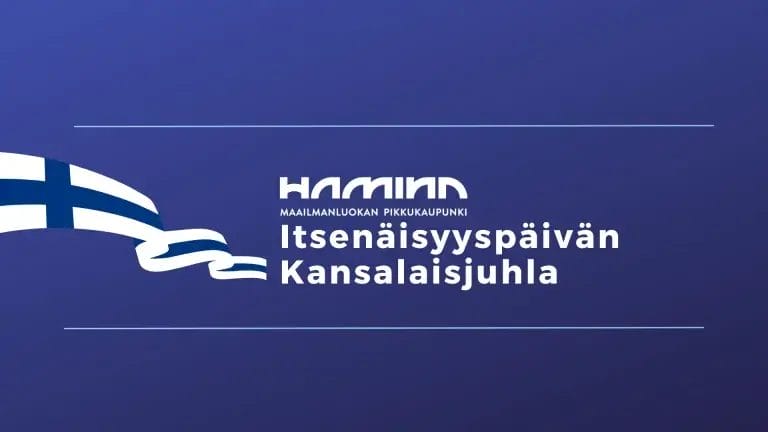 Suomen lippu ja Hamina-logo ja Itsenäisyyspäivän Kansalaisjuhla- otsikko.