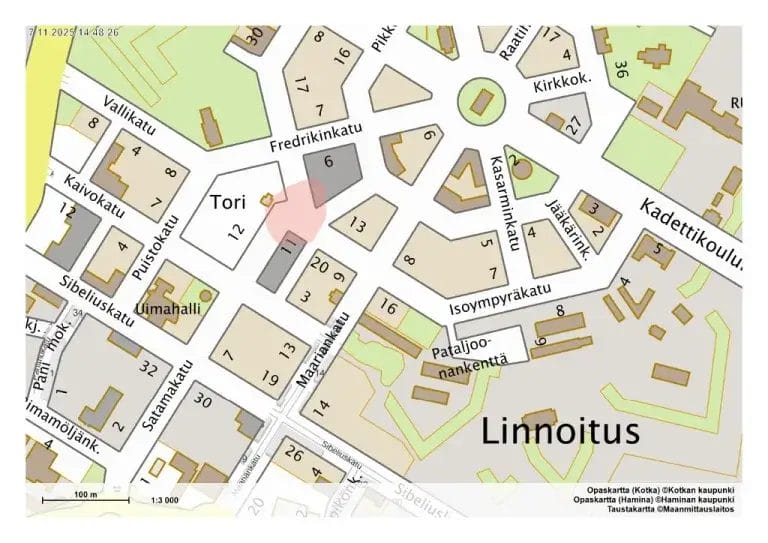 Karttakuva Haminan keskustasta Isoympyräkadun ja Satamakadun risteysalueelta.