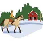 Piirroskuvassa ratsukko ja punainen mökki.
