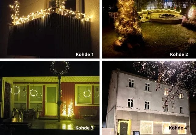 neljä kuvaa jouluvalokilpailun ehdokkaista.