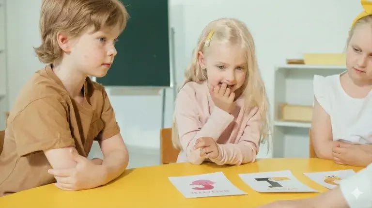 Kolme alakouluikäistä lasta istuu pöydän ääressä, jossa on kirjainkortteja.