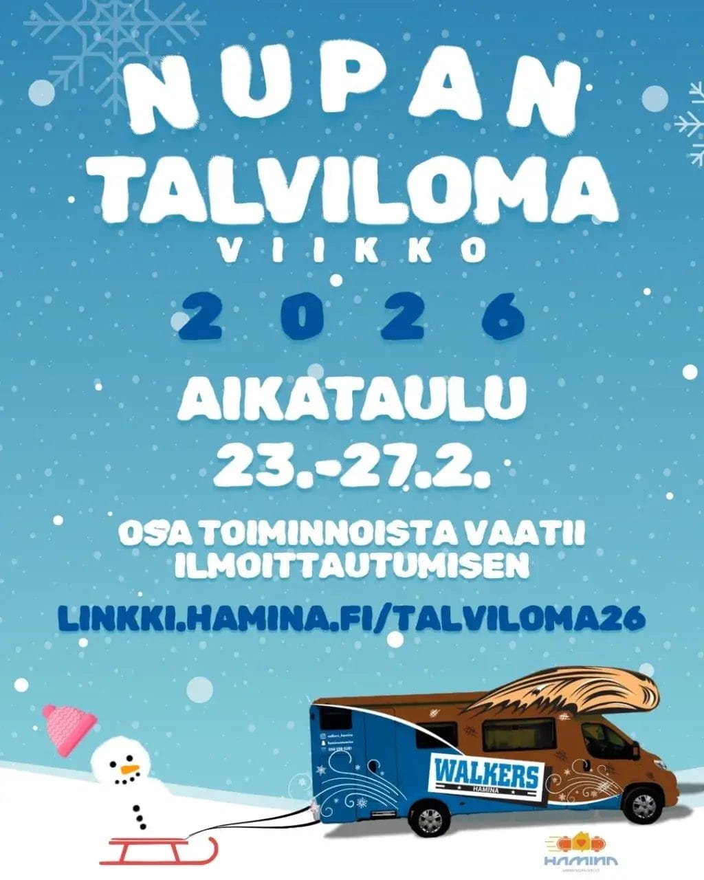 Nuorisopalvelujen talvilomaviikon 23.-27.2. mainos.