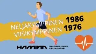 Neljäkymppinen 1986 ja Viisikymppinen 1976. Kuvitettu juokseva mies. Haminan kaupungin logo.