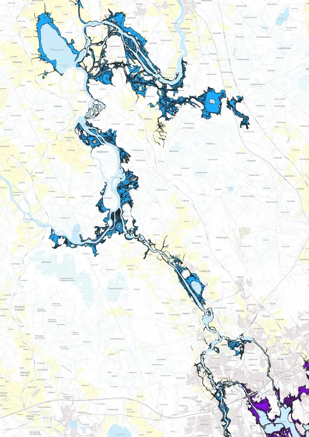 Kotkan alueen jokutulvaa-lueista kartta.