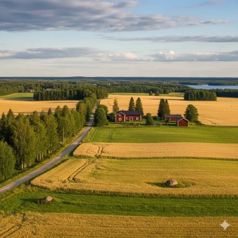 Korkealta kuvattu kesäinen ilmakuva suomalaisesta maaseutumaisemasta. Etualalla on laajoja, keltaisia viljapeltoja ja vihreitä nurmialueita, joiden keskellä kulkee kapea hiekkatie. Keskellä sijaitsee perinteinen maatilan pihapiiri punaisine asuinrakennuksineen ja piharakennuksineen. Taustalla näkyy vihreää metsää ja kaukaisuudessa siintää järvi sinisen taivaan alla.