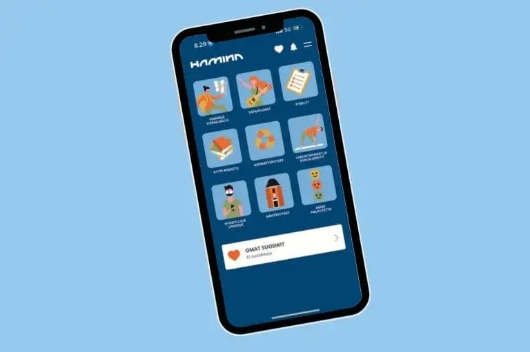 Kuvitus kuva puhelimesta, jossa näkyy hamina-sovelluksen aloitusnäyttö.