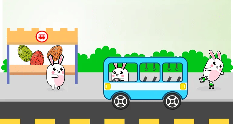 Piiroskukuvassa bussi, pupuja ja pääsiäismunia.